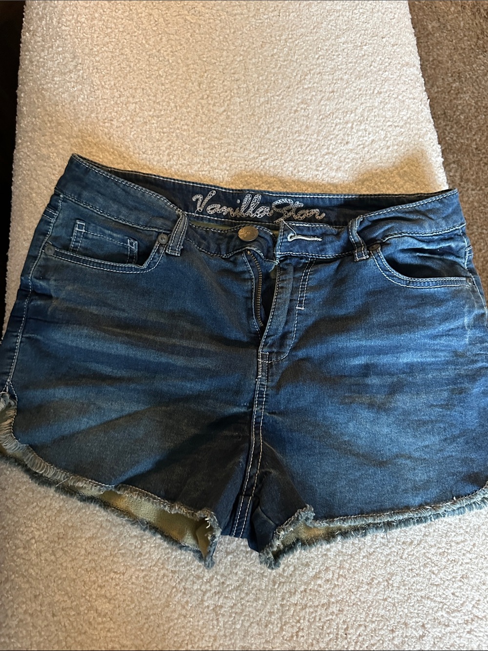 Vanilla Star Medium Wash Frayed Denim Shorts